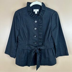 LOFT Black Ruffled Linen Cotton Blend Button-Up Blazer Tie Front Career 0 XS